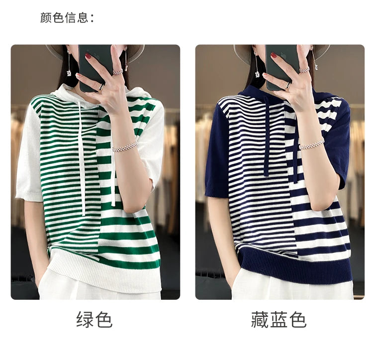 Summer New 100% Cotton Women's T-shirt Short Sleeve Loose Contrast Hooded Collar Pullover Casual Fashion Knitted T-shirt Top