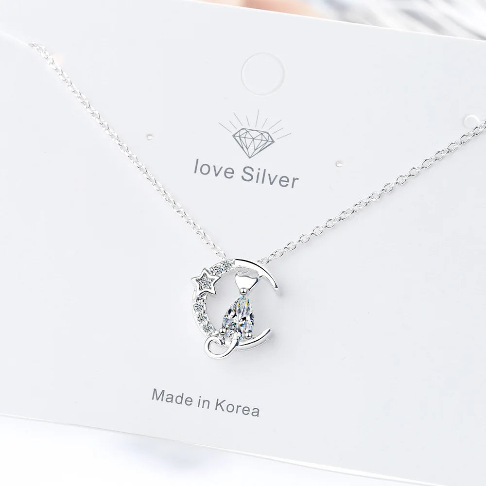 New in 925 Sterling Silver Cat Moon Zircon Women Necklace Wedding Luxury Designer Jewelry Offers GaaBou Jewellery