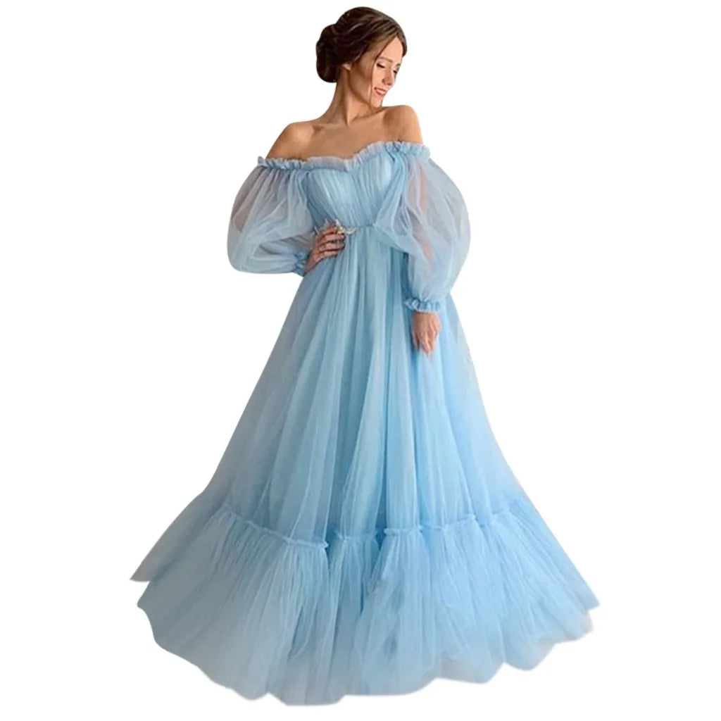 Off Shoulder Sweetheart Overlay Tulle Champagne Bloom Flower Bridal Dress Women Dress Fairy Solid Color Puffy Mesh Wedding Gowns
