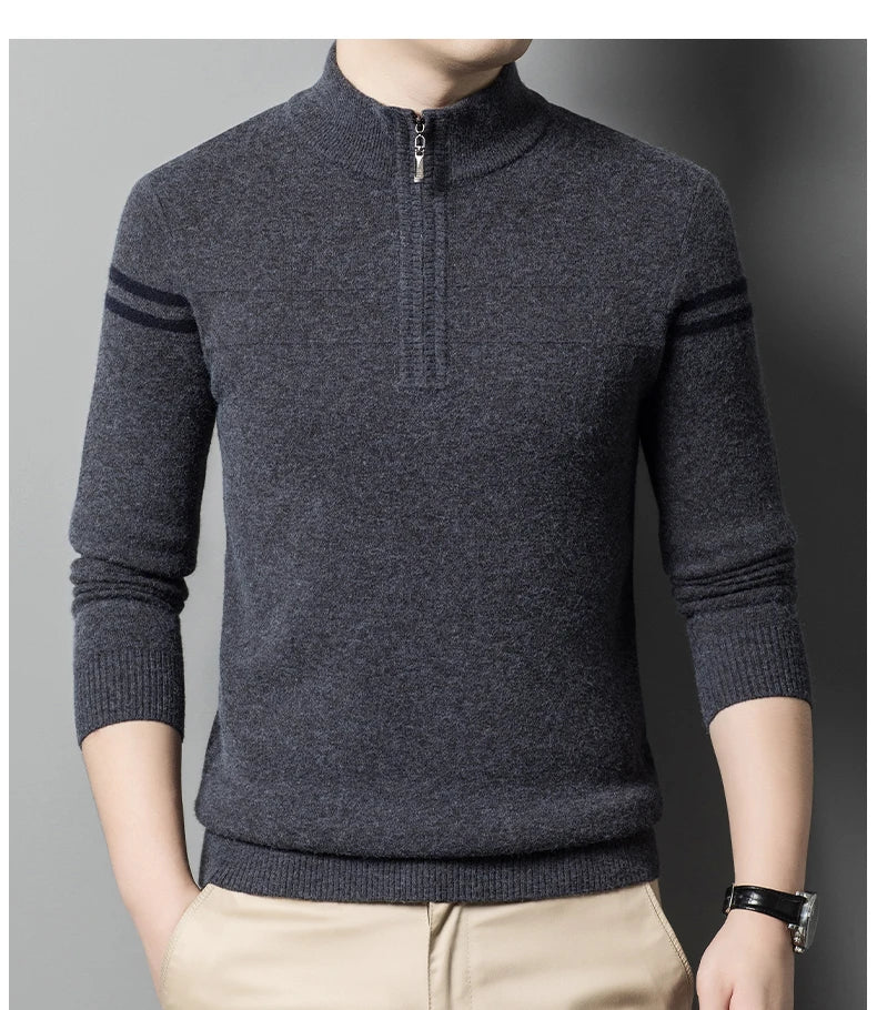 Men's autumn and winter high collar half zipper 100% wool sweater 2024 thick long sleeve warm pullover business casual knitted s