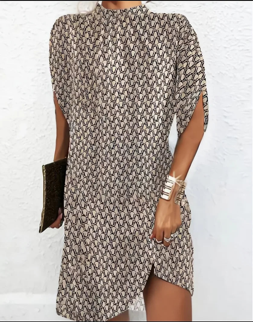 Lady Elegant Short Dress Bat Sleeve High Neck OL Formal Occasion Dresses Women Summer Solid Color Geometric Printing Skirt