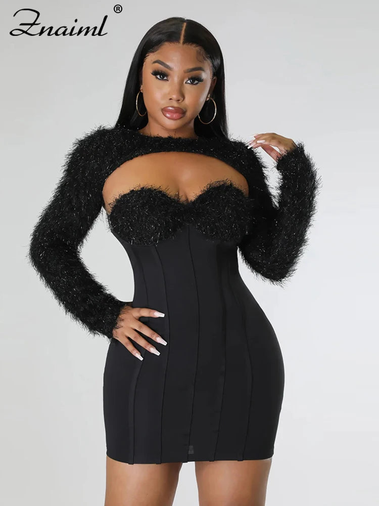Znaiml Spring Fall Velvet Evening Party Dresses for Women Elegant Corset Short Robe with Shawl Nightclub Prom Bodycon Vestidos