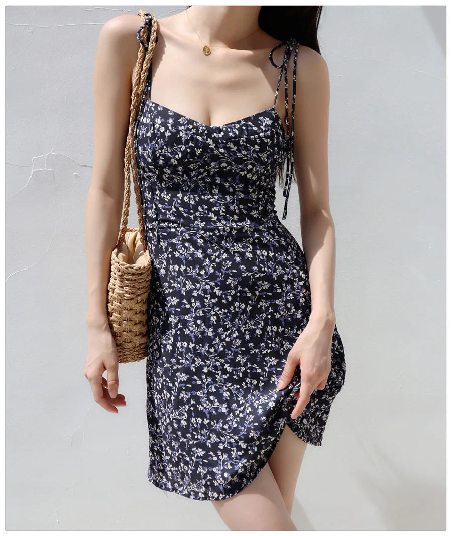 Bandage Floral Spaghetti Strap Dress Womens Y2k Clothes Sleeveless Mini Fashion Summer Short Party Backless Dresses for Women