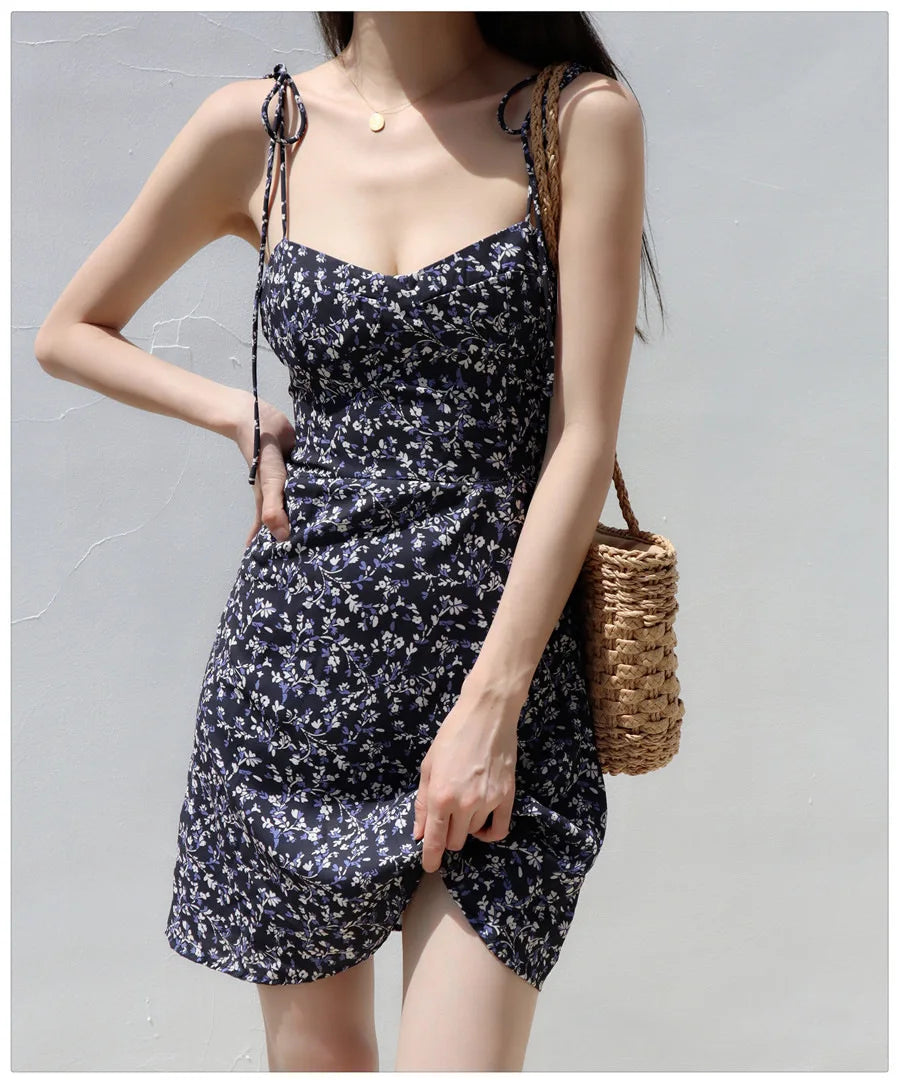Bandage Floral Spaghetti Strap Dress Womens Y2k Clothes Sleeveless Mini Fashion Summer Short Party Backless Dresses for Women
