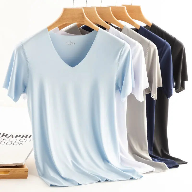 Fashion Summer Seamless Breathable Ice Silk T-Shirt Vest Men's Sports Short Sleeve T-shirt Ice Silk Solid Color V-neck M-5XL
