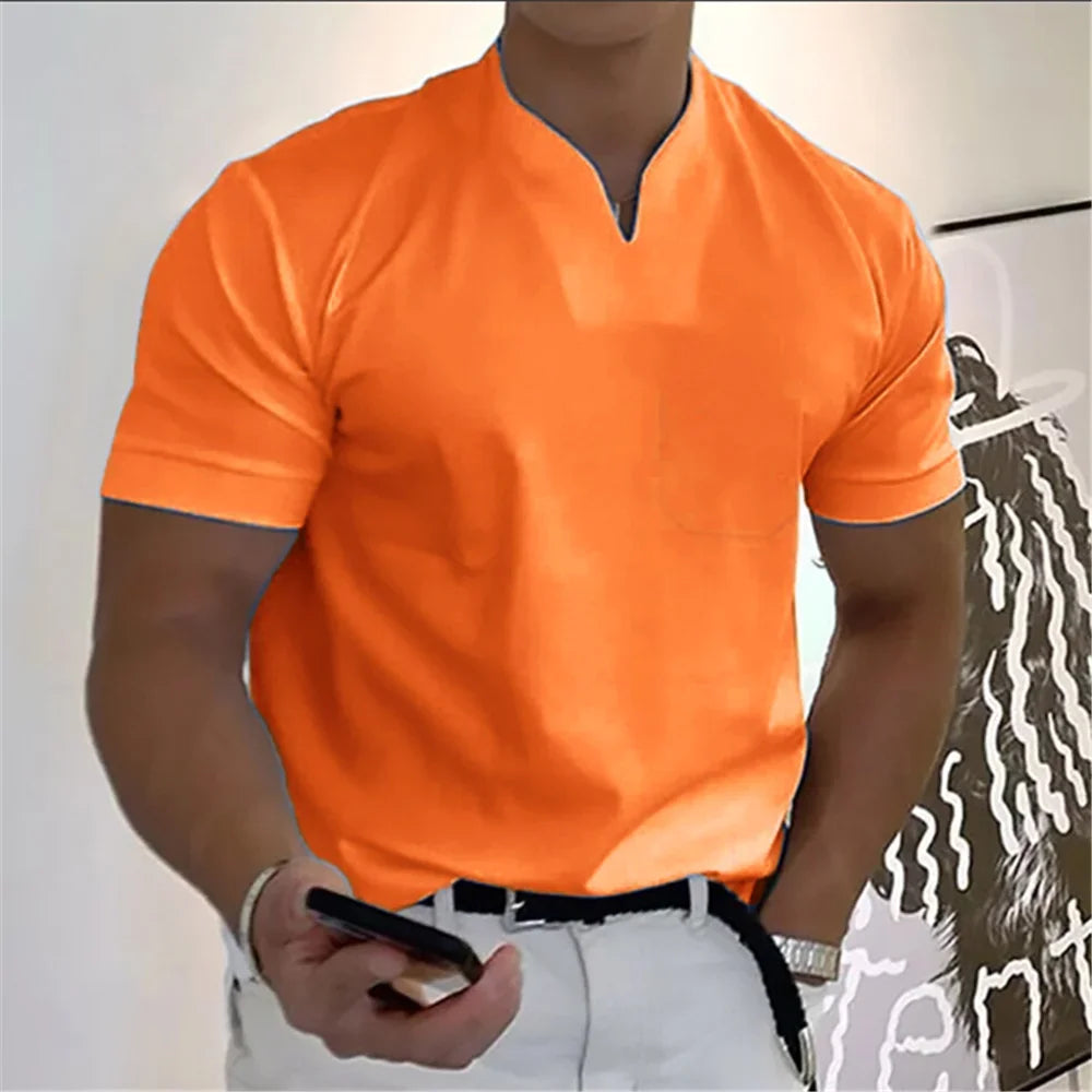 2024 Summer Beach Short Sleeve Solid Color V-neck T-shirt Micro Elastic Muscle Men's top 12 Color Daily Casual Sports Clothing