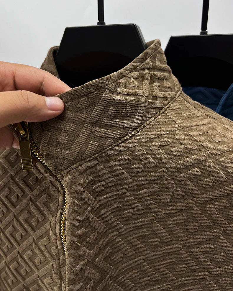 High end brand fashion jacquard retro sweater for men's 2023 spring autumn new casual trend half zipper standing collar pullover