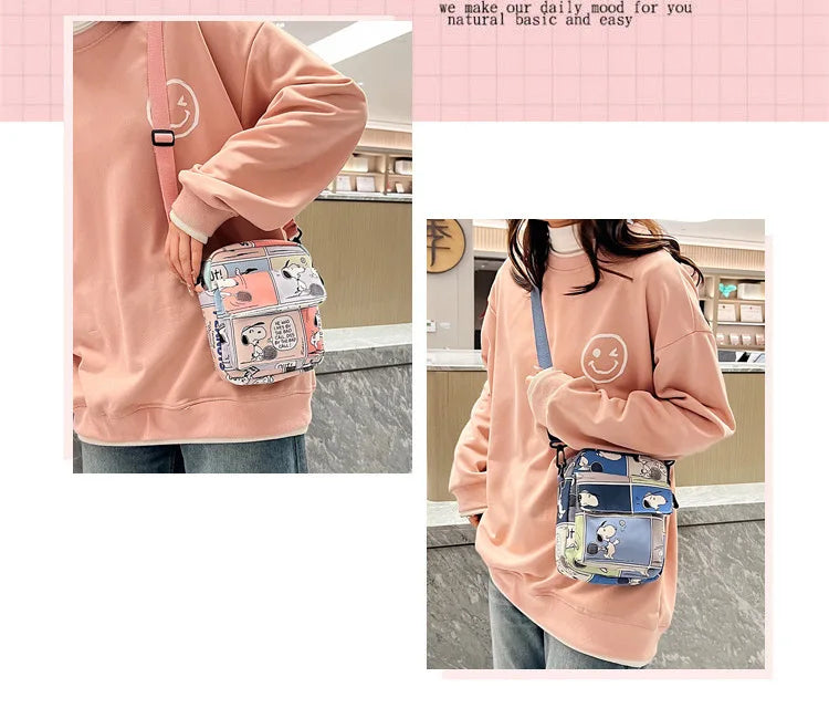 Snoopy Women Canvas Zipper Bag Preppy Style Student Tote Shoulder Messenger Bag Small Canvas Bag Satchel Travel Purse Handbag