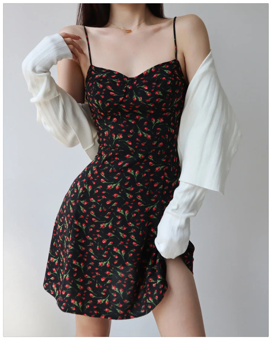 Bandage Summer Black Floral Short Dress 2024 Woman Sexy Clothes Suspenders Beach Vacation Sleeveless Backless Dresses for Women