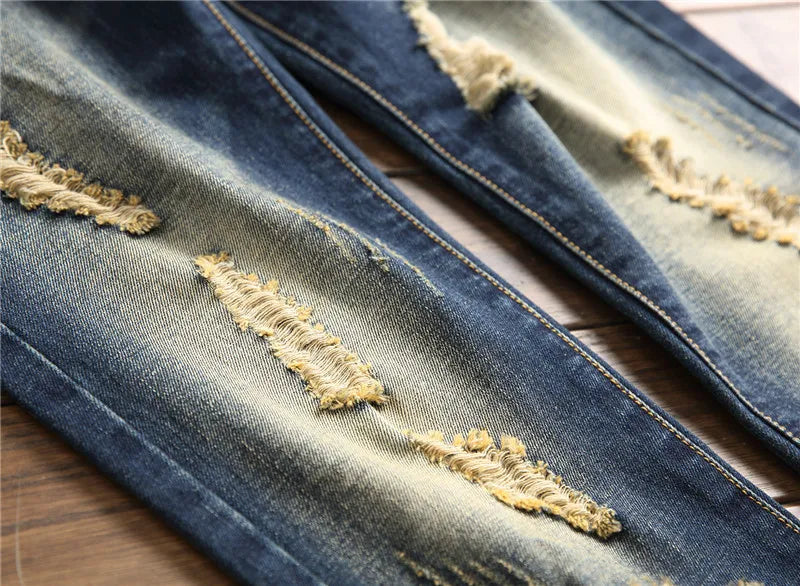 Denim Jeans Straight Scratches Fashion Men's Pants Luxury Vintag Hole Ruined Long Broken Fashion Regular Fit Large Size