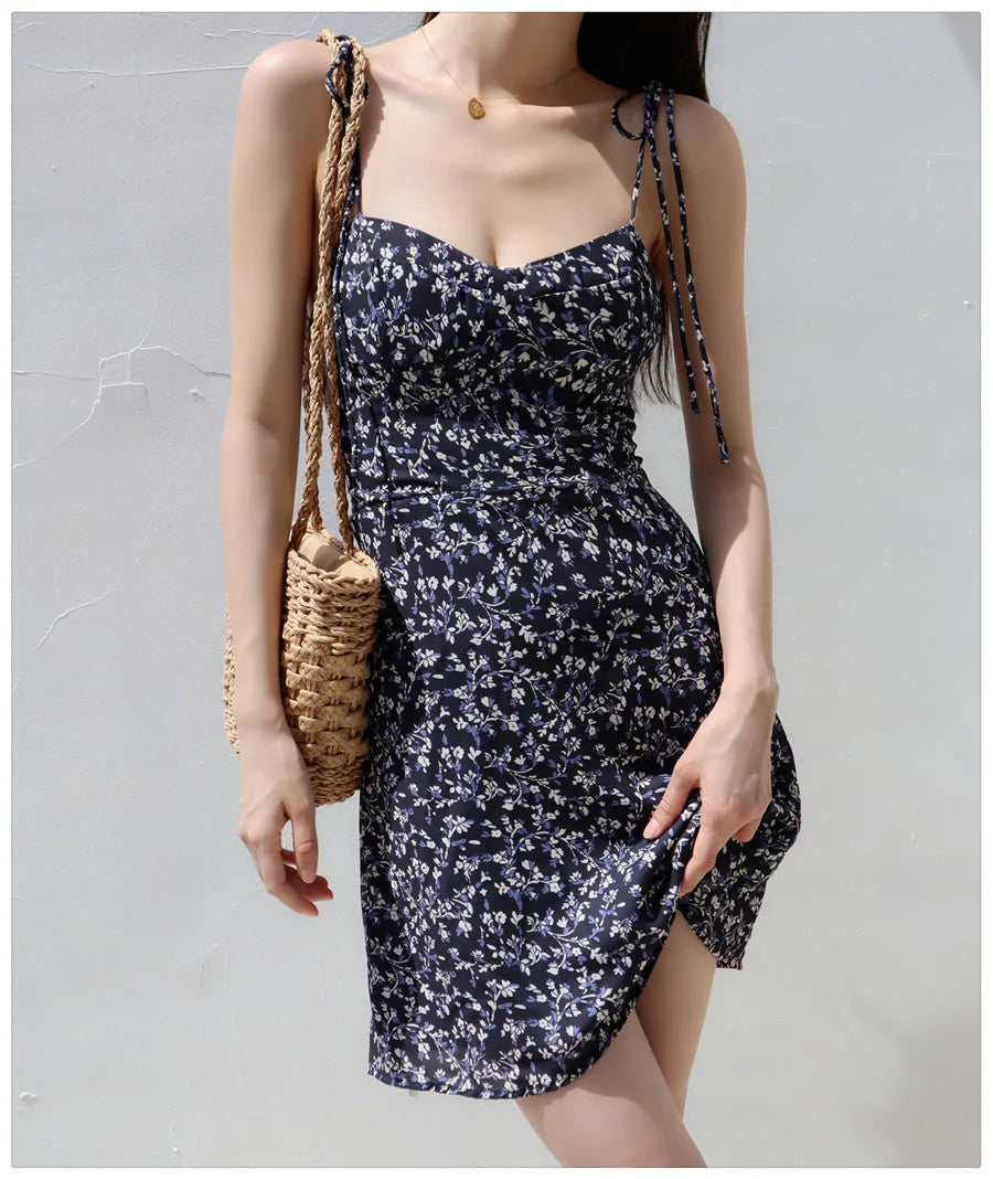 Bandage Floral Spaghetti Strap Dress Womens Y2k Clothes Sleeveless Mini Fashion Summer Short Party Backless Dresses for Women