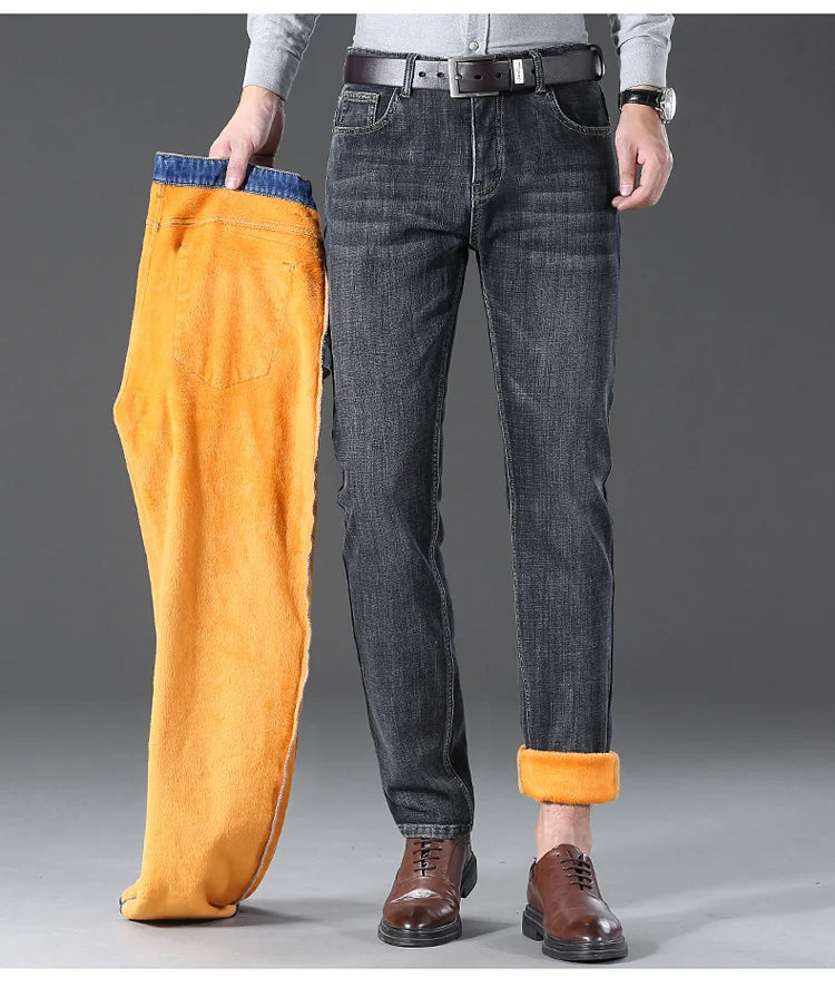 2024 Mens Winter Classic Business Quality Famous Brand Fleece Pants Straight Trousers Winter Thermal Warm Plush Stretch Jeans
