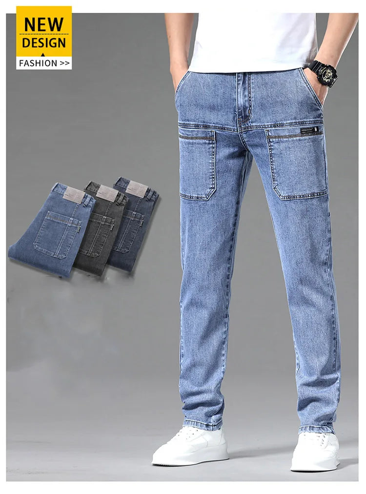 2024 New 6 Pocket Design Men's Denim Jeans Skinny Full Length Pants with High Elasticity Slim Pants Man Fashion Mid-waist Jeans