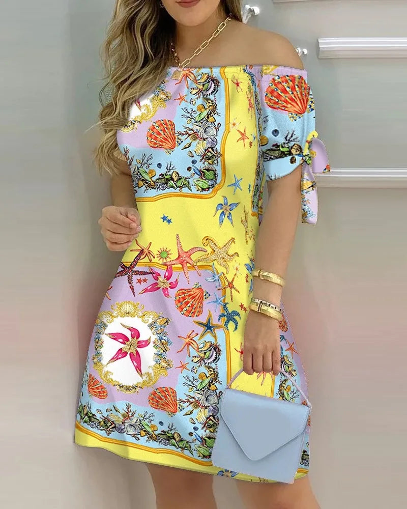 Fashionable Sexy Women's Print Dress Women's Word Shoulder Short -sleeved A -line Dress Ladies Off The Shoulder Mini Dresses