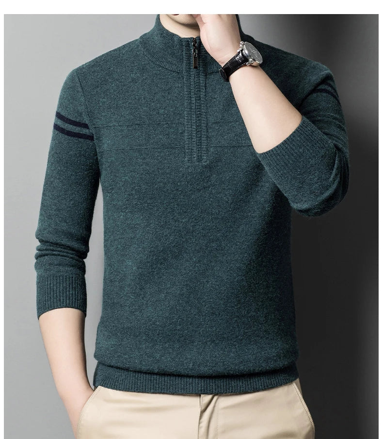 Men's autumn and winter high collar half zipper 100% wool sweater 2024 thick long sleeve warm pullover business casual knitted s