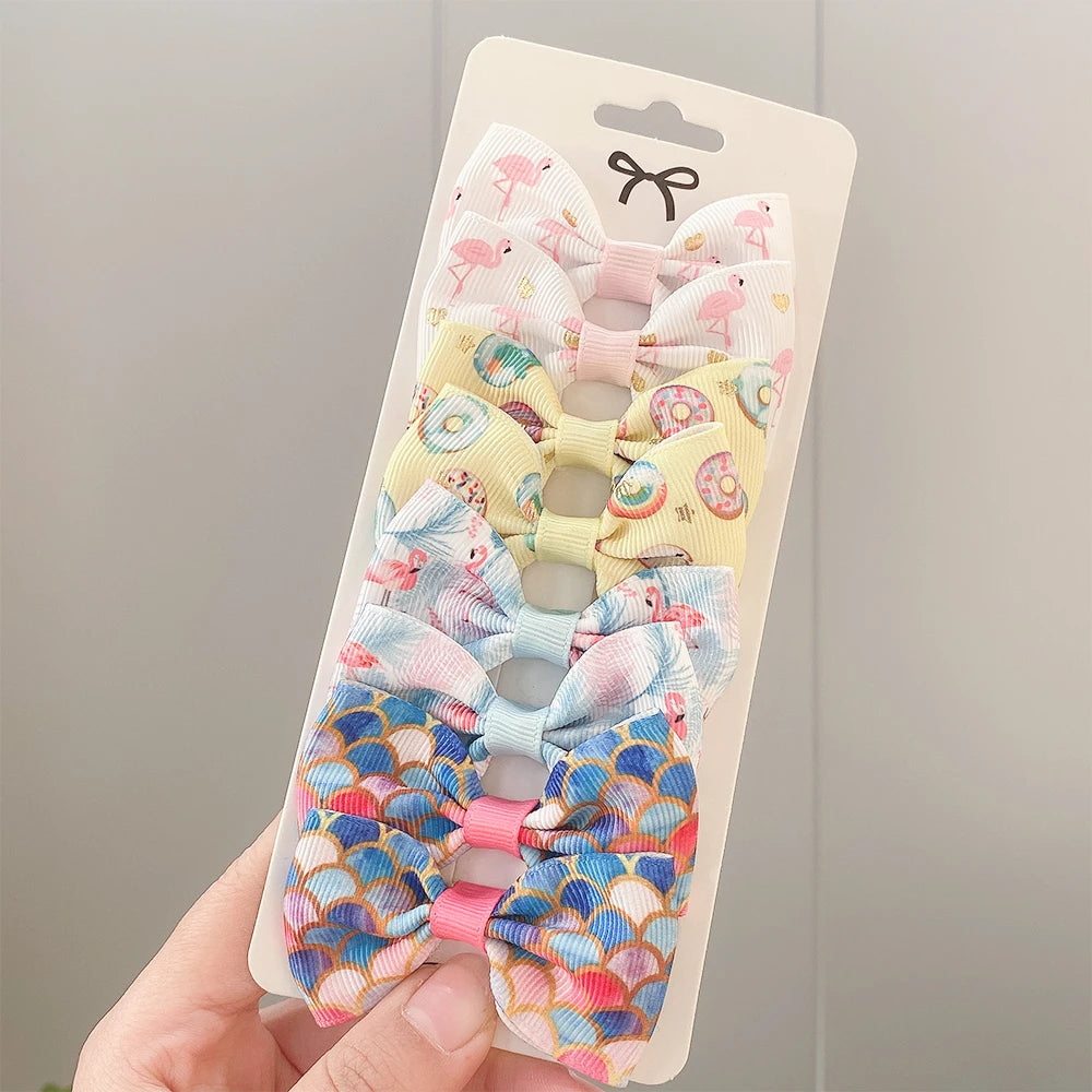8PCS/Set Print Grosgrain Ribbon Hair Bows Clips Small Bows For Children Girls Headwear DIY Kids Hair Accessories Best Gifts