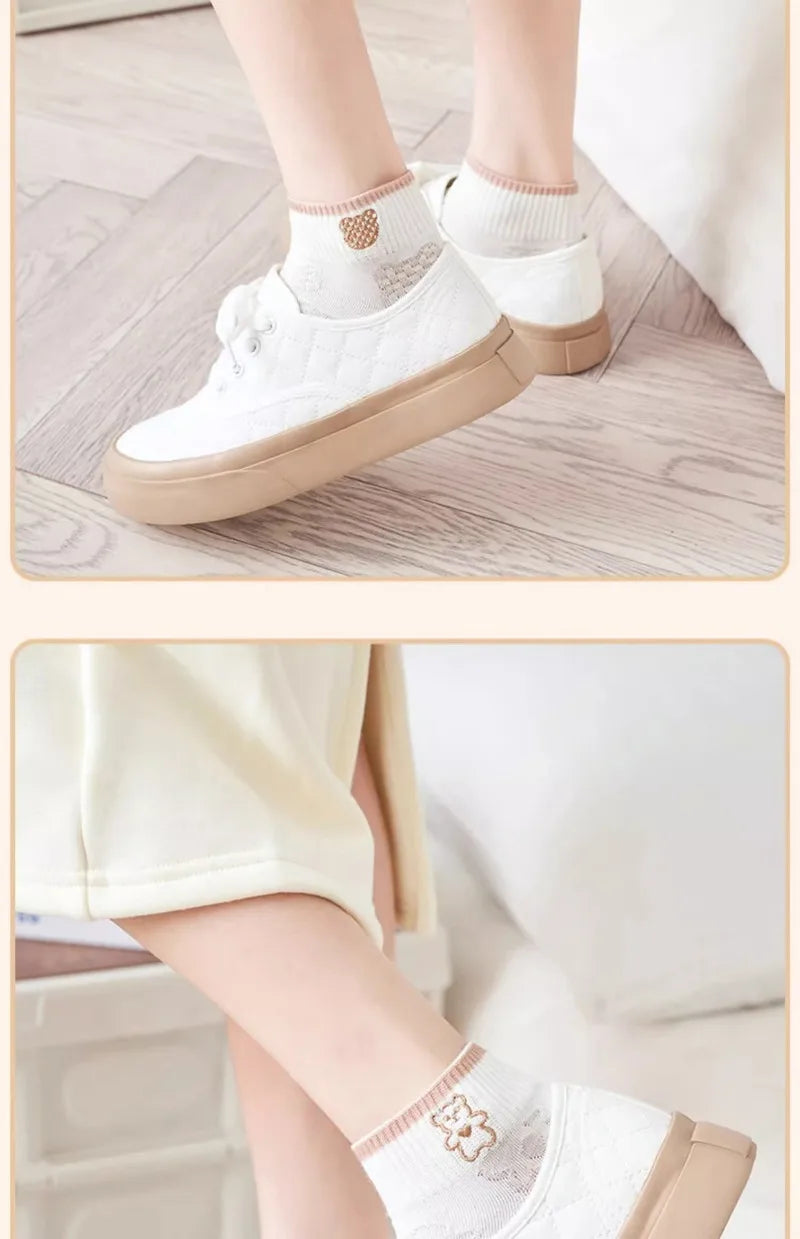 5 Pairs Avocado Flower Heart Ankle Socks Cartoon Fresh Fashion Breathable Spring and Summer Kawaii Comforts Women's Boat Socks