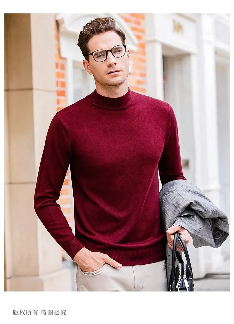 Luxury Brand Men's Mock Collar 100% Pure Woolen Sweater Tops Autumn Winter Cashmere Sweater Pullover Male Warm Knitwear Sweater