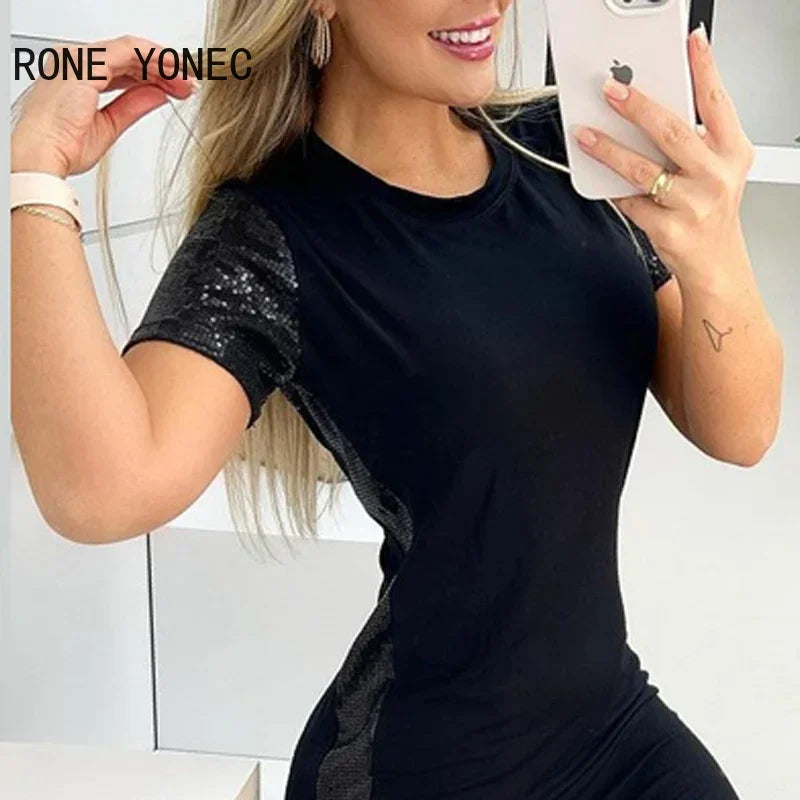 Women Elegant Chic Short Sleeves Sequins Patchwork Mini Sexy Casual Bodycon Black Dresses