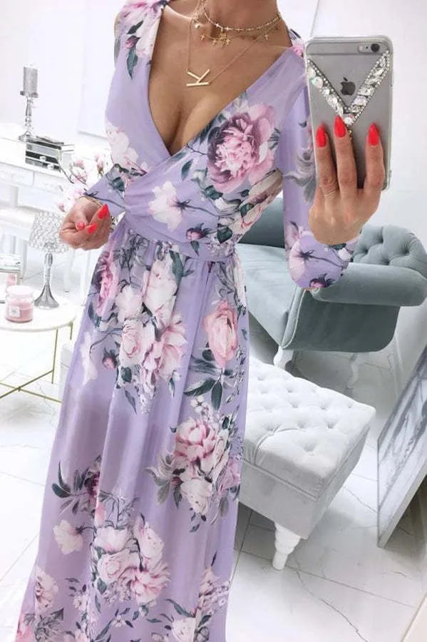 Amazon eBay Cross border 2024 Summer Chiffon Printed Long Dress V-neck Dress Long Sleeve Split Dress Women