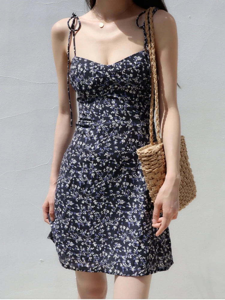 Bandage Floral Spaghetti Strap Dress Womens Y2k Clothes Sleeveless Mini Fashion Summer Short Party Backless Dresses for Women