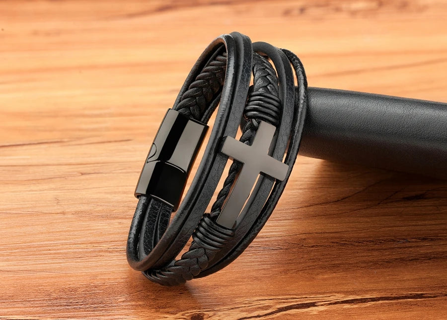 2023 Luxury Multicolor Cross Design Classic Stainless Steel Men's Leather Bracelet 19/21/23cm Choose Handsome Christmas Gifts