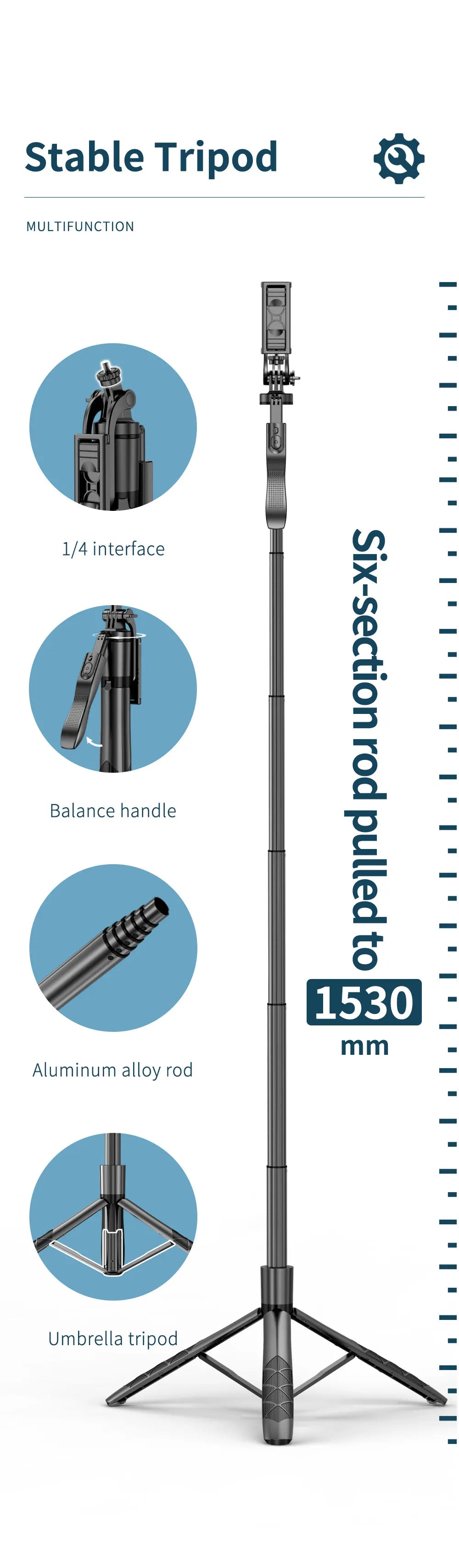 1530mm Wireless Selfie Stick Tripod Stand Foldable Monopod With Led Light For Smartphones Balance Steady Shooting Live