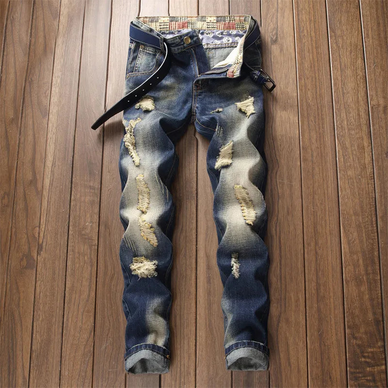 Denim Jeans Straight Scratches Fashion Men's Pants Luxury Vintag Hole Ruined Long Broken Fashion Regular Fit Large Size