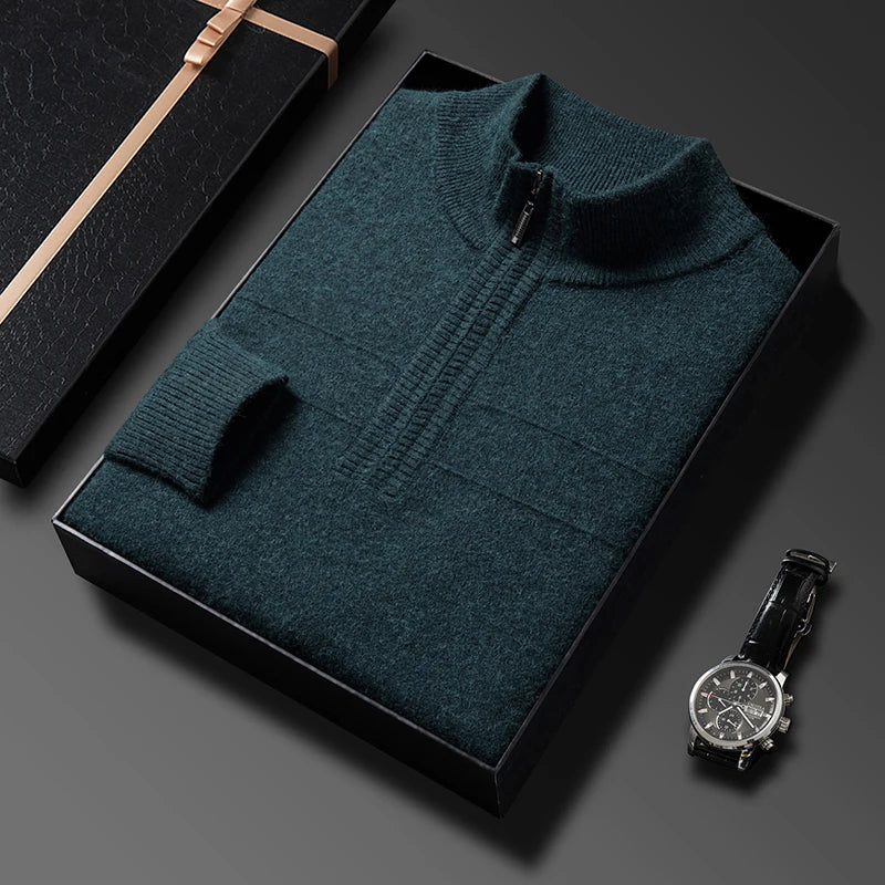 Men's autumn and winter high collar half zipper 100% wool sweater 2024 thick long sleeve warm pullover business casual knitted s