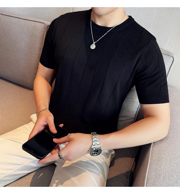 2024 New High Quality, Business Casual Men's Short-Sleeved O-neck Sweater, Daily Slim Fit T-shirt, Stretchable Striped Top M-3XL
