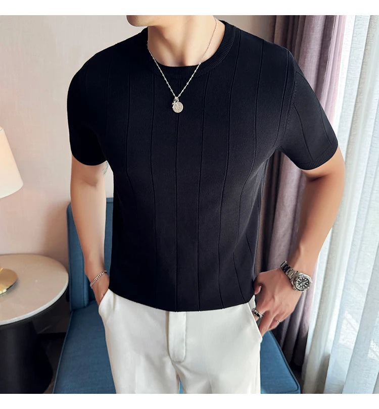 2024 New High Quality, Business Casual Men's Short-Sleeved O-neck Sweater, Daily Slim Fit T-shirt, Stretchable Striped Top M-3XL