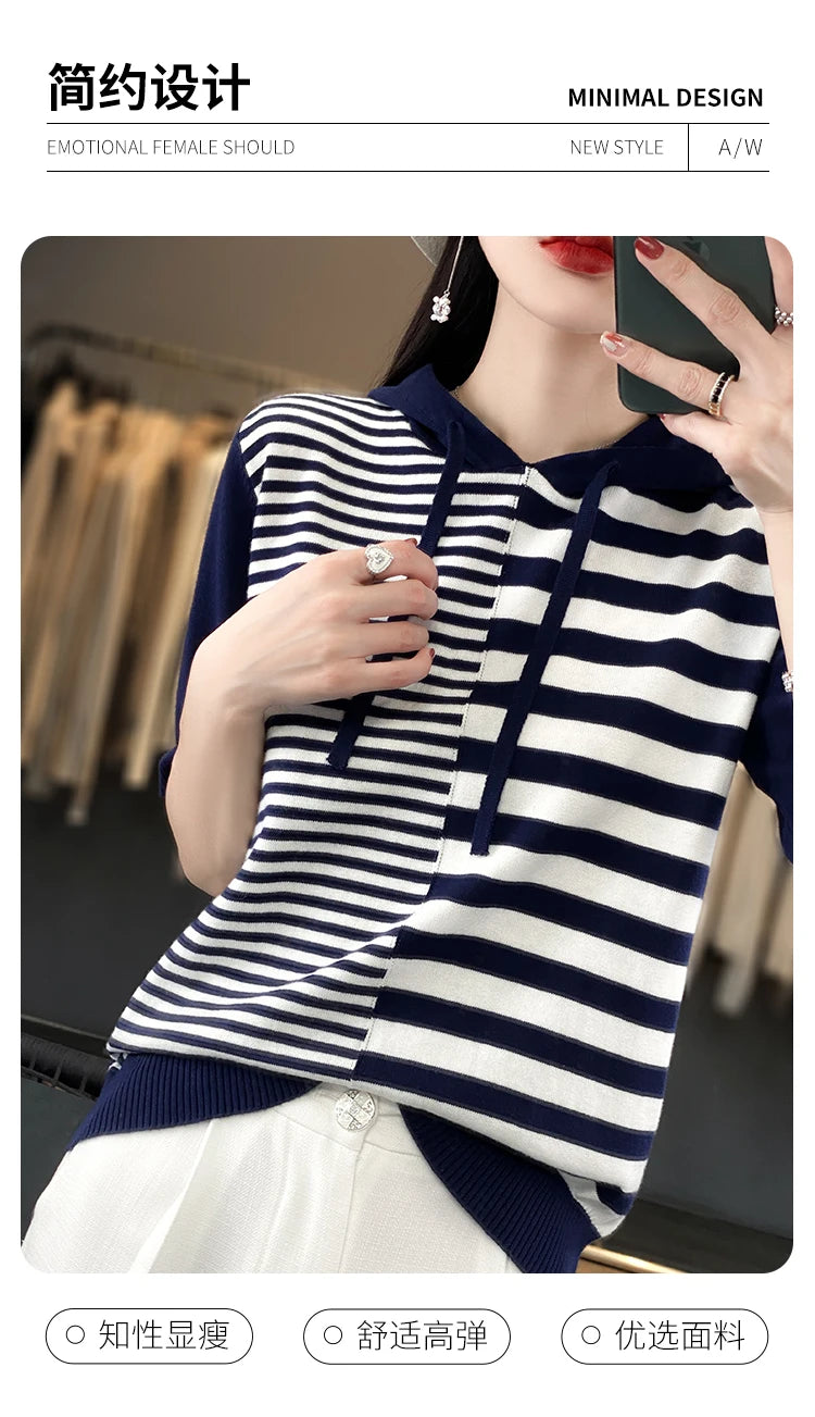 Summer New 100% Cotton Women's T-shirt Short Sleeve Loose Contrast Hooded Collar Pullover Casual Fashion Knitted T-shirt Top