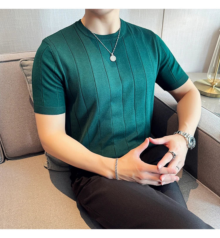 2024 New High Quality, Business Casual Men's Short-Sleeved O-neck Sweater, Daily Slim Fit T-shirt, Stretchable Striped Top M-3XL