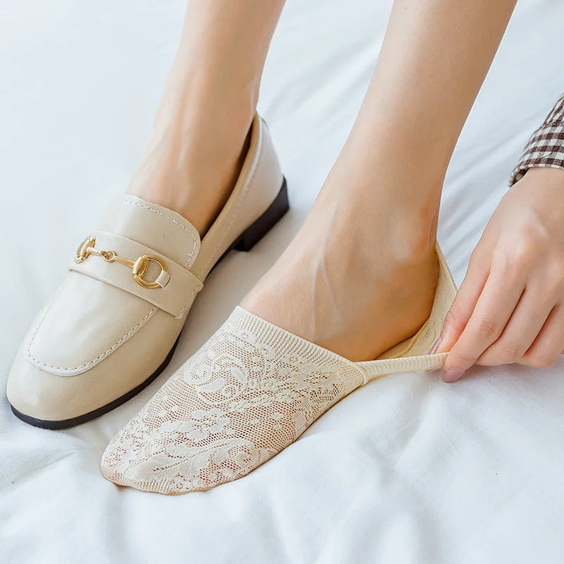 5Pair Women Socks Summer Thin Breathable Silicone Non-slip Ladies Invisible Lace Boat Sock Transparent Fashion Calcetines Mujer