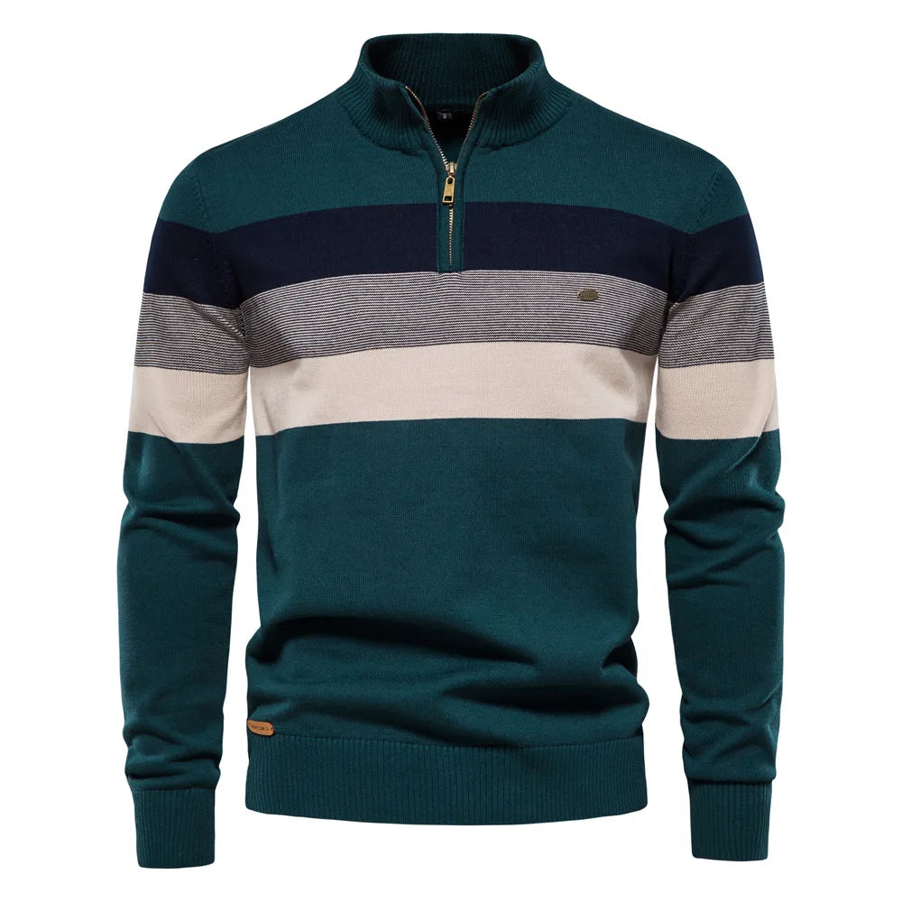 Autumn Winter Men's Sweater Half High Collar Color Matching Stripe Pullover High-quality Male Business Casual Knitwear Sweaters