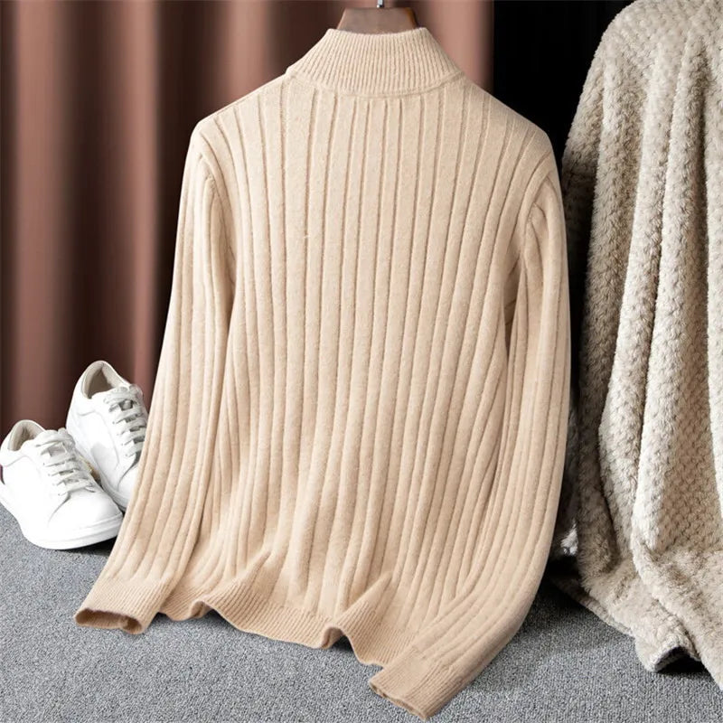 Men's Cashmere Blend Large Size Sweaters Autumn Winter Half High Neck Zipper Casual Knit Pullovers Men Long Sleeve Warm Jumper