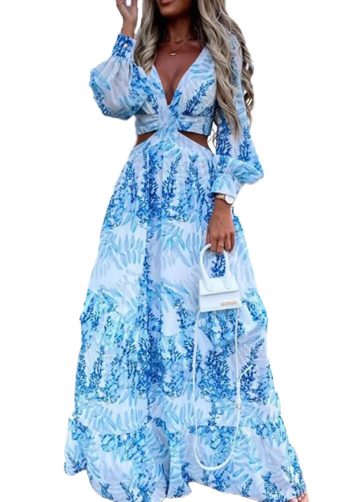 Spring New Long Dress Fashion Print Sexy Deep V-neck Long Sleeved Dress Women's Elegant Hollow Out Ruffle Spliced Maxi Dress