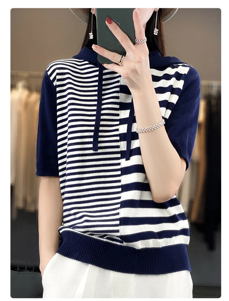 Summer New 100% Cotton Women's T-shirt Short Sleeve Loose Contrast Hooded Collar Pullover Casual Fashion Knitted T-shirt Top