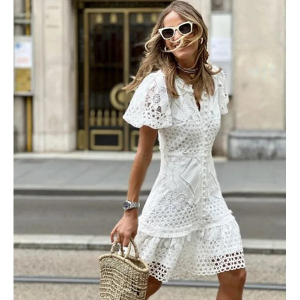Dress Women Lace Slim Fits Solid Mini Package Hip Short Sleeve Bodycon Dress V-neck Summer French Style Sheath Dress