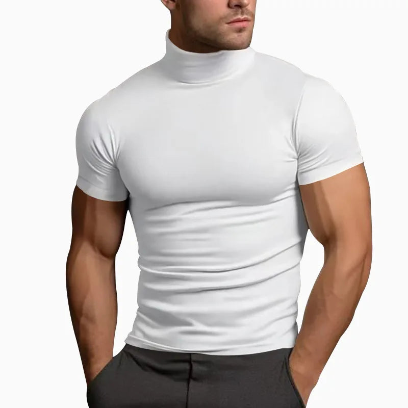 Cross-border Amazon 2024 summer solid color short-sleeved fashion bottoming shirt men's tight turtleneck T-shirt