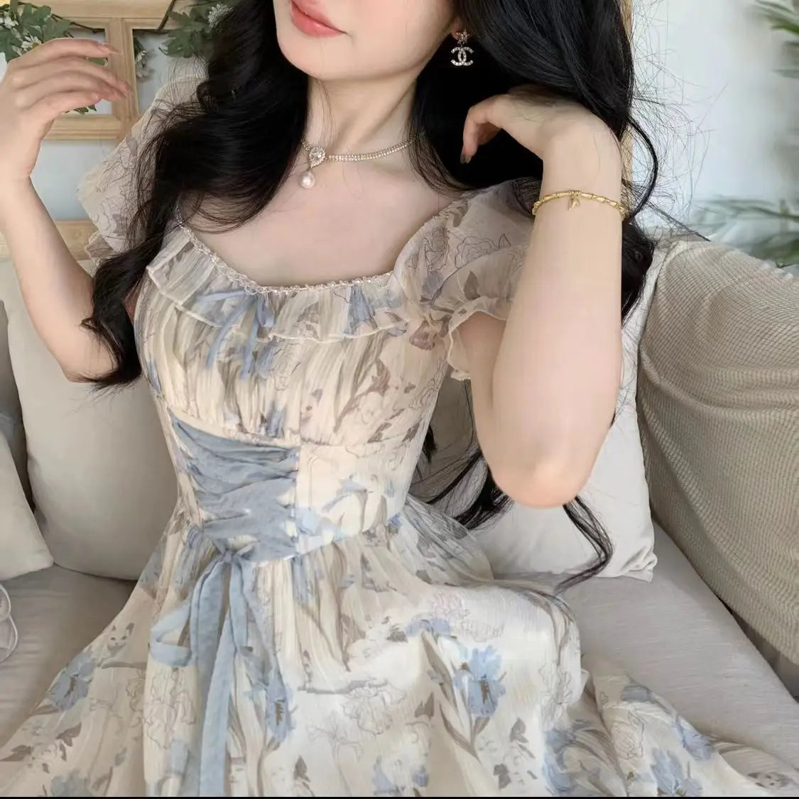 Elegant Vintage Floral Midi Dress Women Ruffles Design Casual Korean Fairy Dress Female 2024 Summer Lace-up Vacation Party Dress