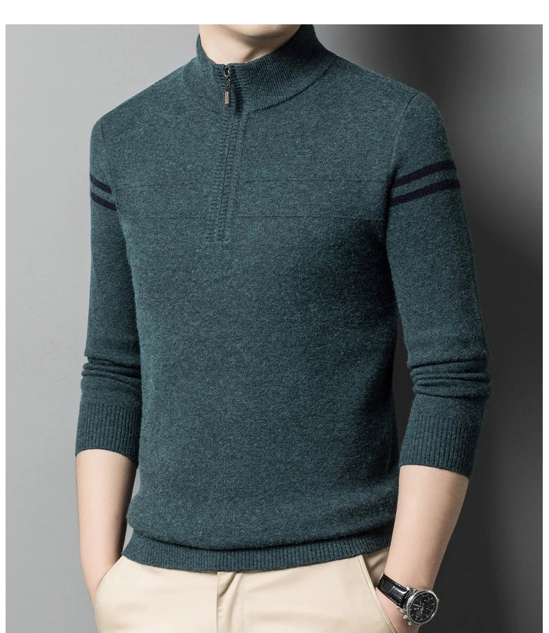 Men's autumn and winter high collar half zipper 100% wool sweater 2024 thick long sleeve warm pullover business casual knitted s