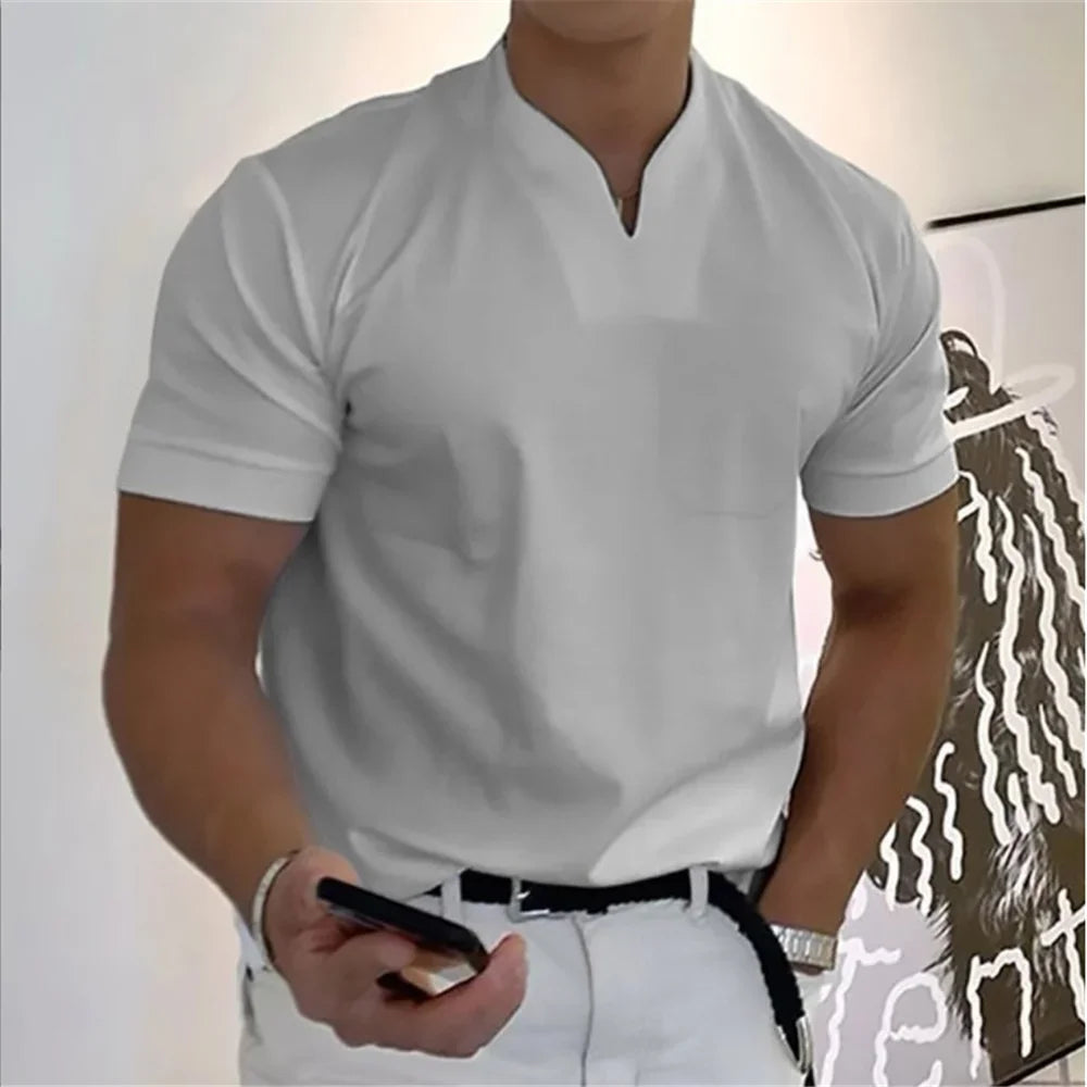 2024 Summer Beach Short Sleeve Solid Color V-neck T-shirt Micro Elastic Muscle Men's top 12 Color Daily Casual Sports Clothing