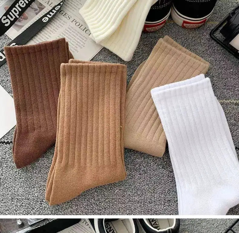 Women Classic Solid Color Striped Cotton Loose Socks Korean Fashion Japanese Style Simple Basic Socks Lady All Match Brown Sock