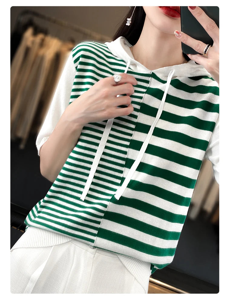 Summer New 100% Cotton Women's T-shirt Short Sleeve Loose Contrast Hooded Collar Pullover Casual Fashion Knitted T-shirt Top