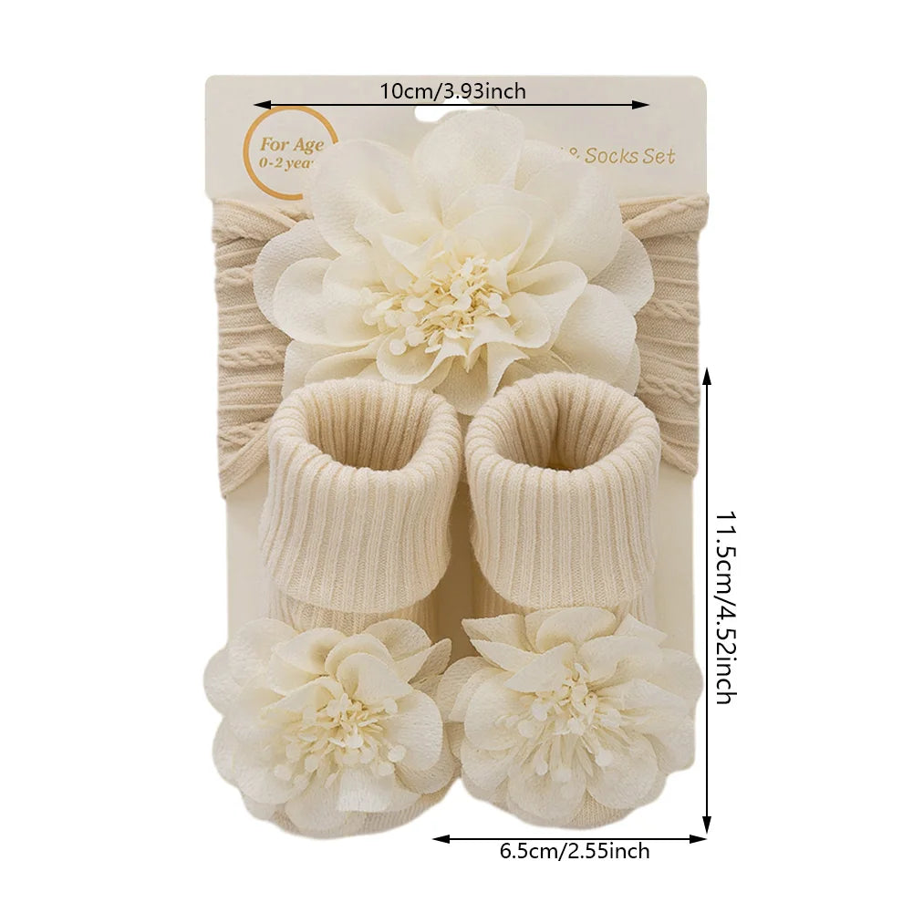 3Pcs/Set Lace Flower Baby Headbands Socks Wing Bow Cotton Non-slip Anklet 0-12M Stockings Wide Elastic Hairbands Infant Socks