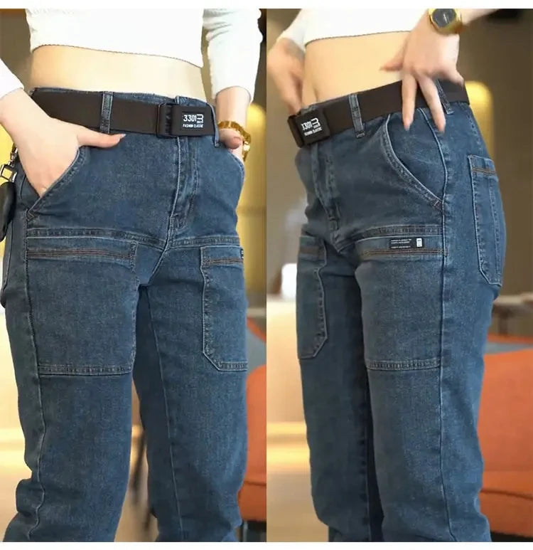 2024 New Brand Mens Casual Multiple Pockets Jeans Mid-Waist Elastic Straight Denim Trousers Versatile Loose Personality Pants
