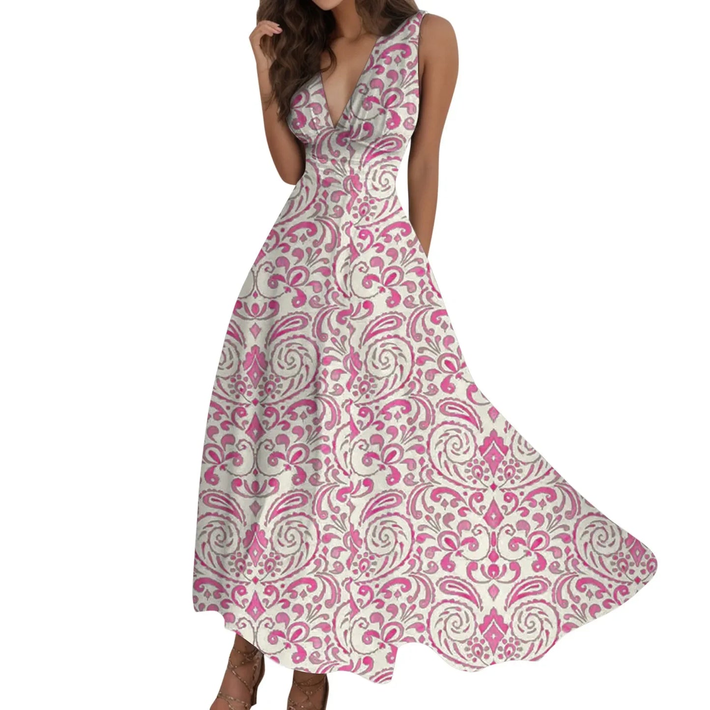 Fashion Print Elegant Temperament Long Dress Women Summer A-Line Sleeveless Party Dress 2023 Deep-V Commute Ladies Party Dress