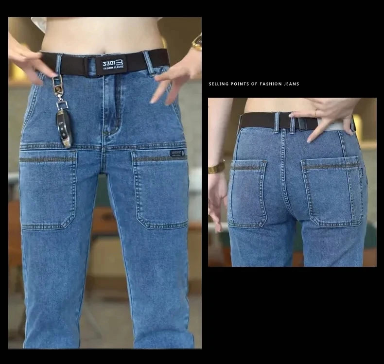 2024 New Brand Mens Casual Multiple Pockets Jeans Mid-Waist Elastic Straight Denim Trousers Versatile Loose Personality Pants