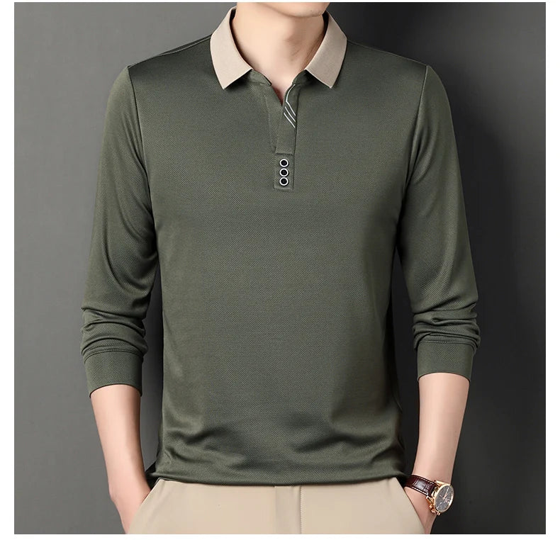 Autumn New Men's Long-sleeved Polo Shirt Business Casual Slim Elastic Top Fashion Classic Solid Color Male Brand Tees